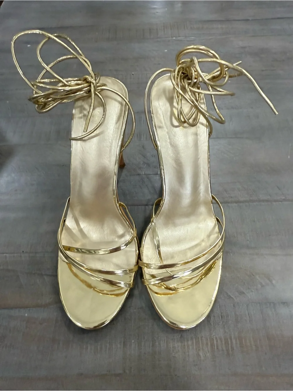 PrettyLittleThing Gold Metallic Strappy Lace-Up Stiletto Heels US 9